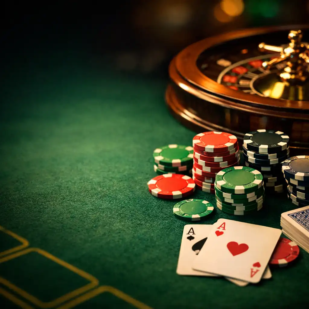 A casino-themed entertainment table with poker chips, playing cards, and a roulette wheel on green felt