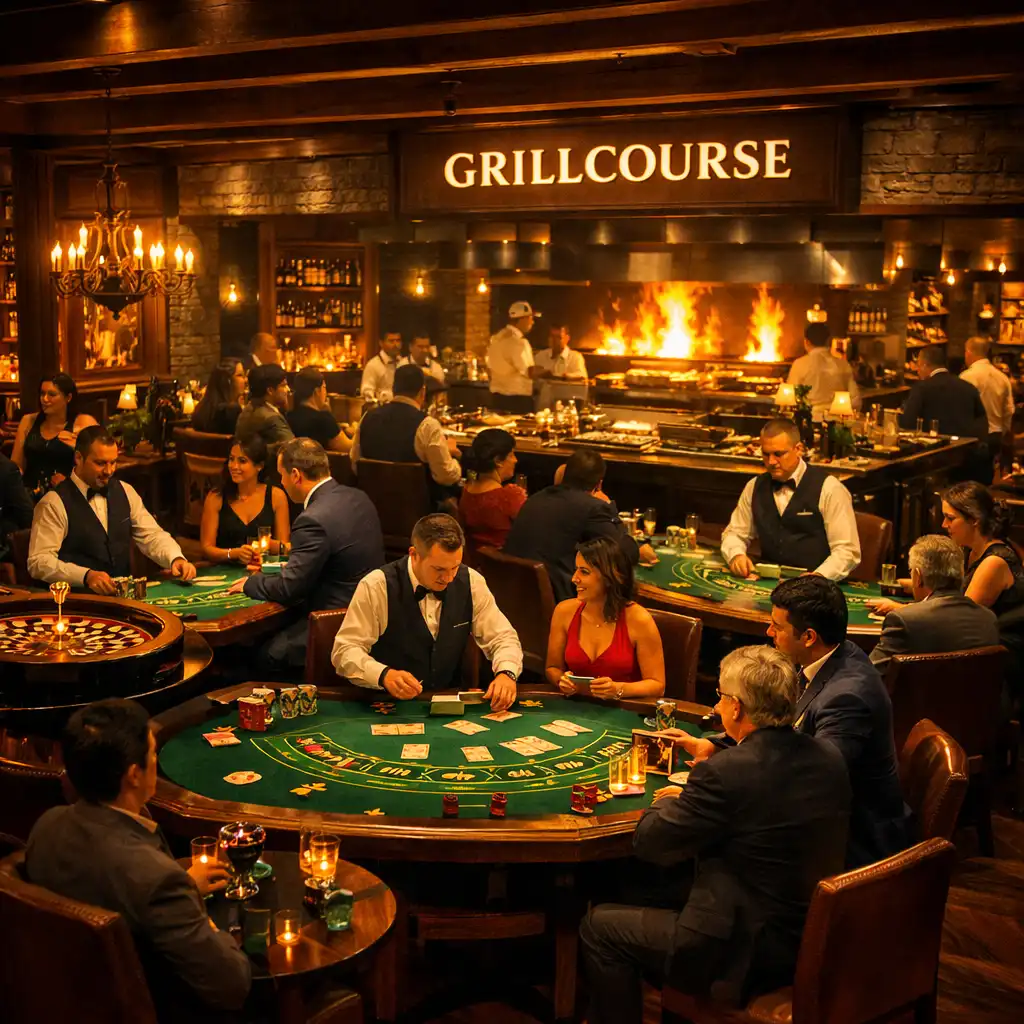 Wide view of the Grillcourse restaurant during a casino night with roulette and blackjack tables