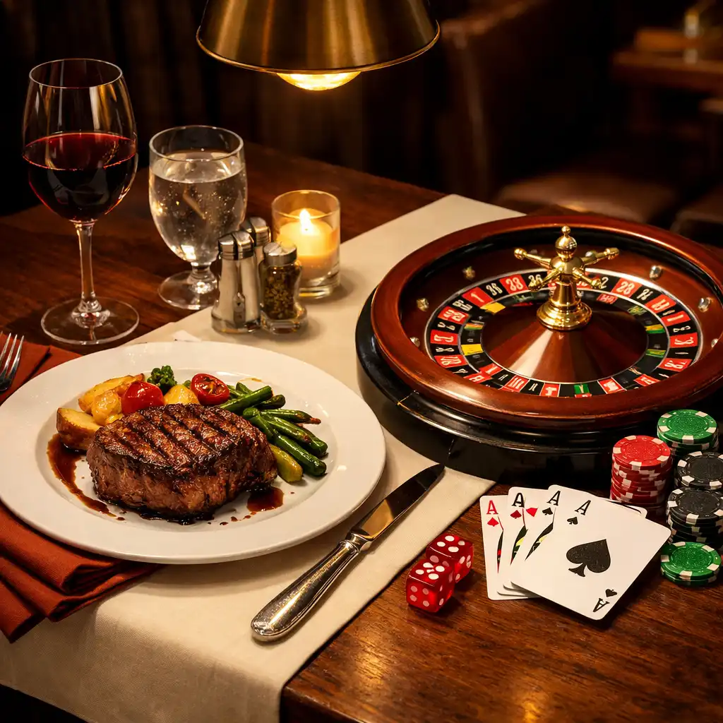 A set table with a grilled steak and a small roulette wheel, combining dining and casino elements