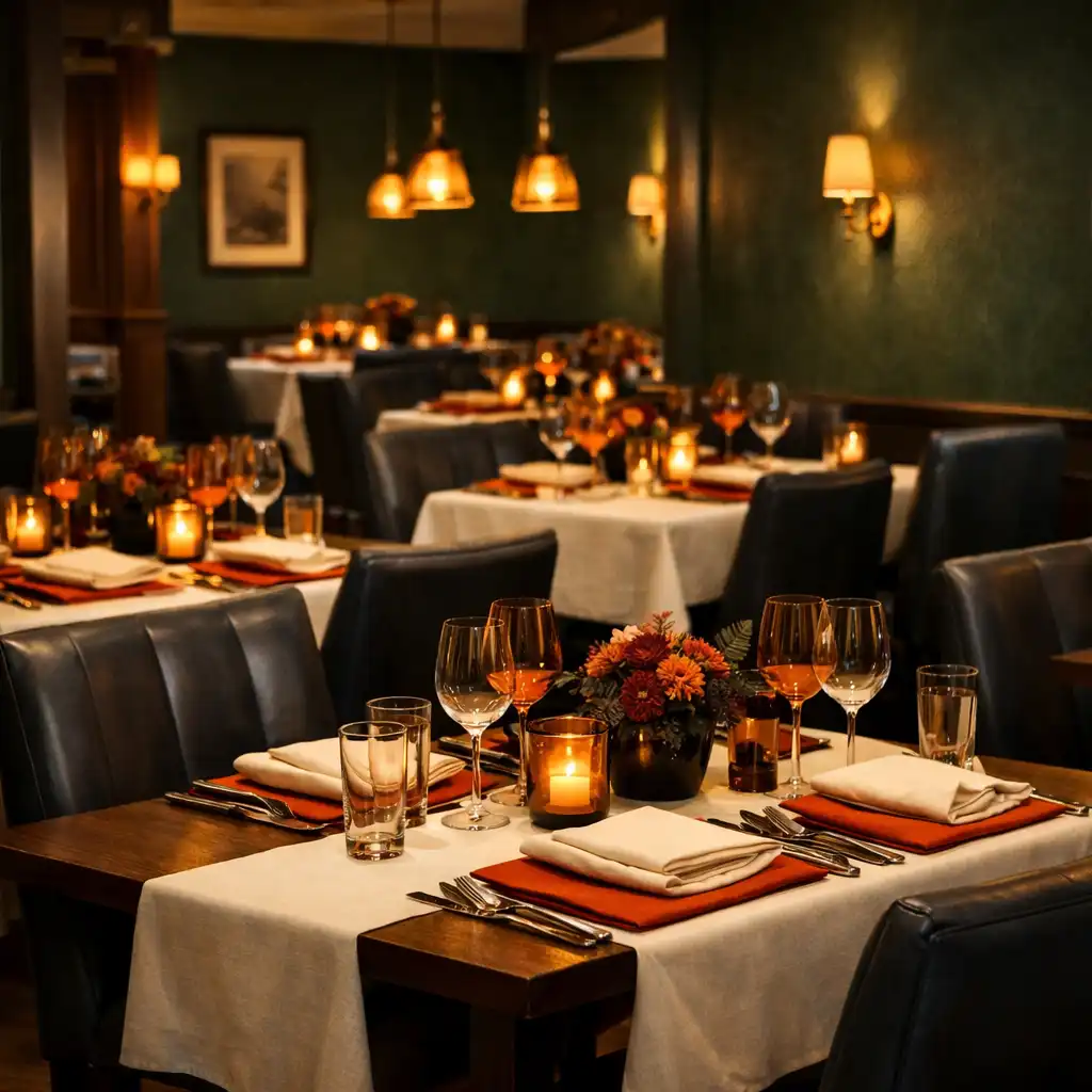 Elegant dining room with dark timber tables, cream linens, and charcoal leather chairs