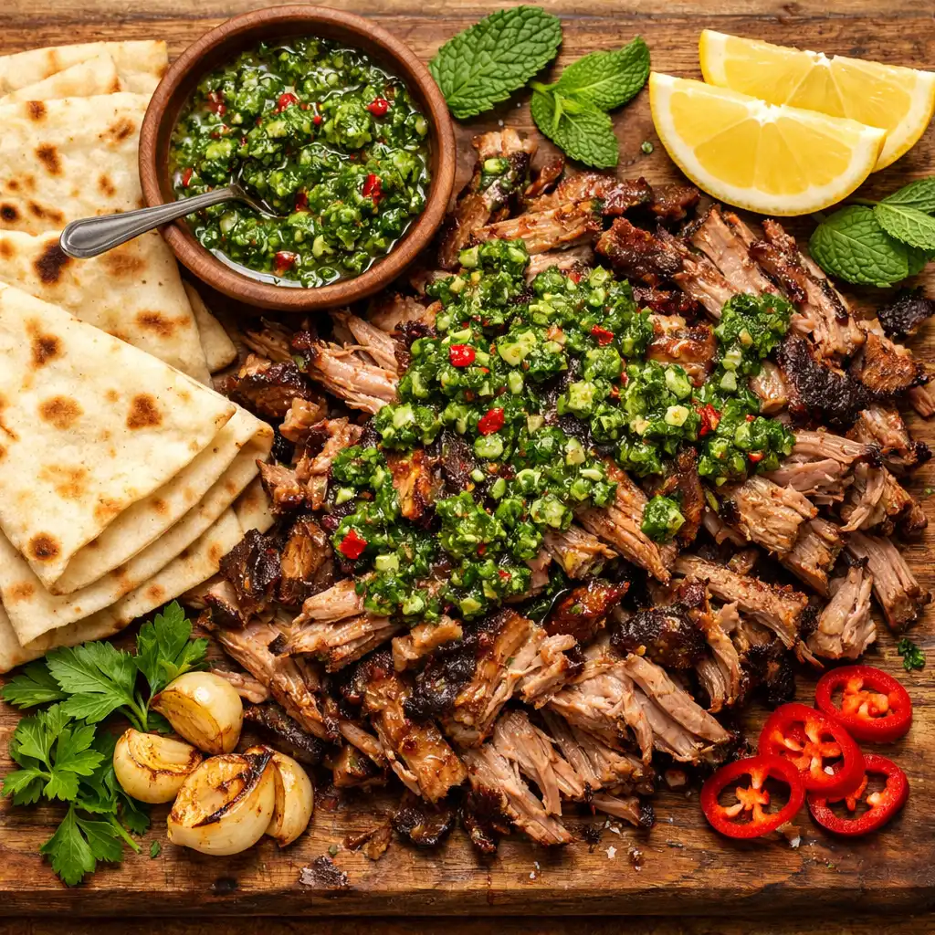 Smoked Lamb Shoulder with mint chimichurri and flatbread