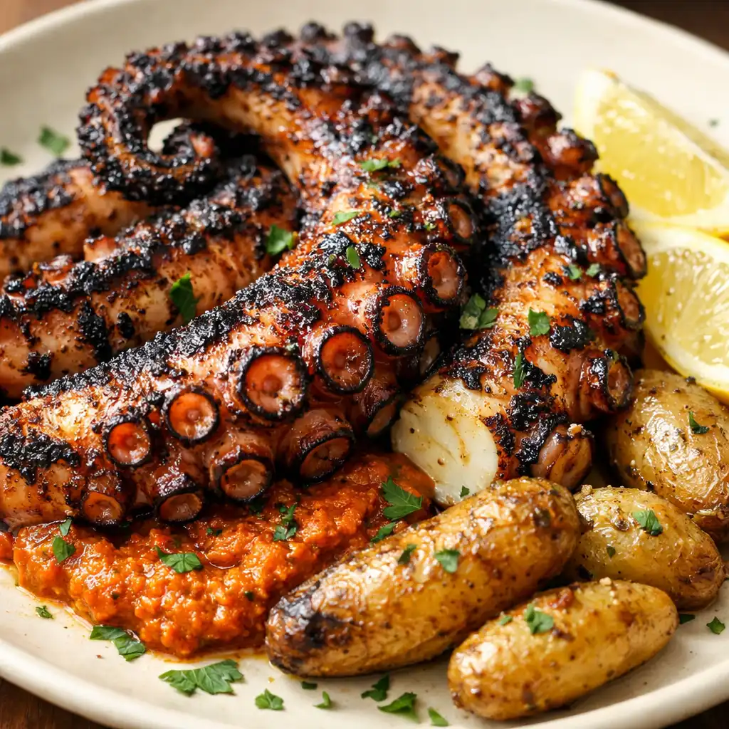 Charred Octopus with Romesco, fingerling potatoes, and lemon