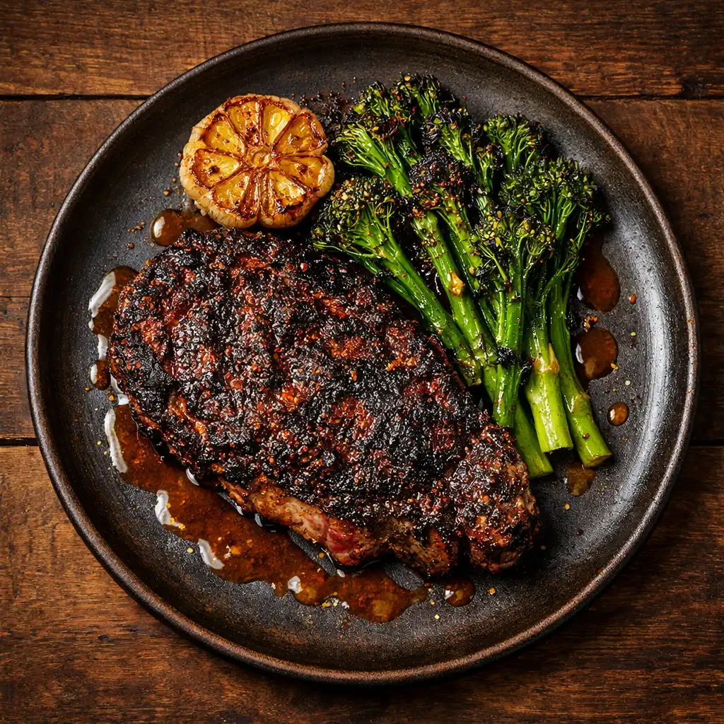 Ember-Crusted Ribeye with charred broccolini and roasted garlic jus