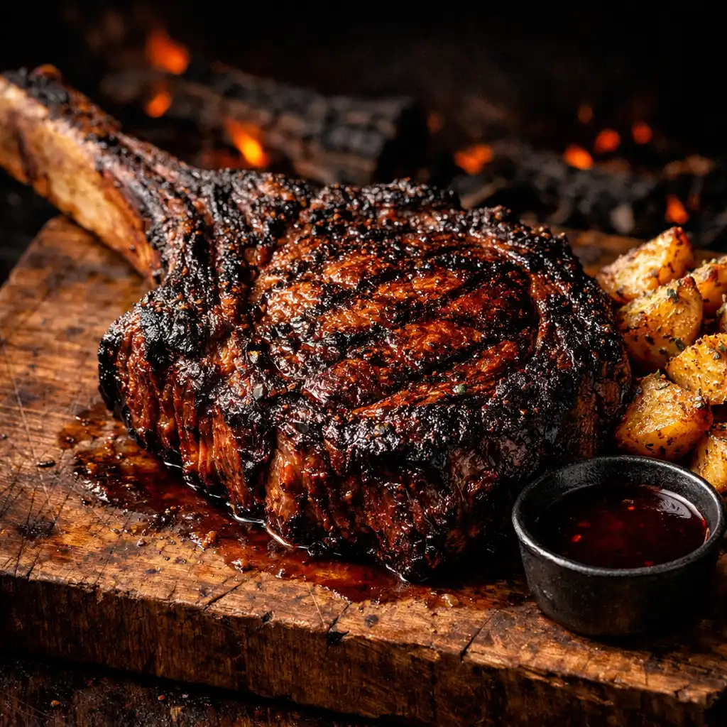 The Jackpot Tomahawk, a 1.2kg bone-in ribeye with duck-fat potatoes and red wine jus