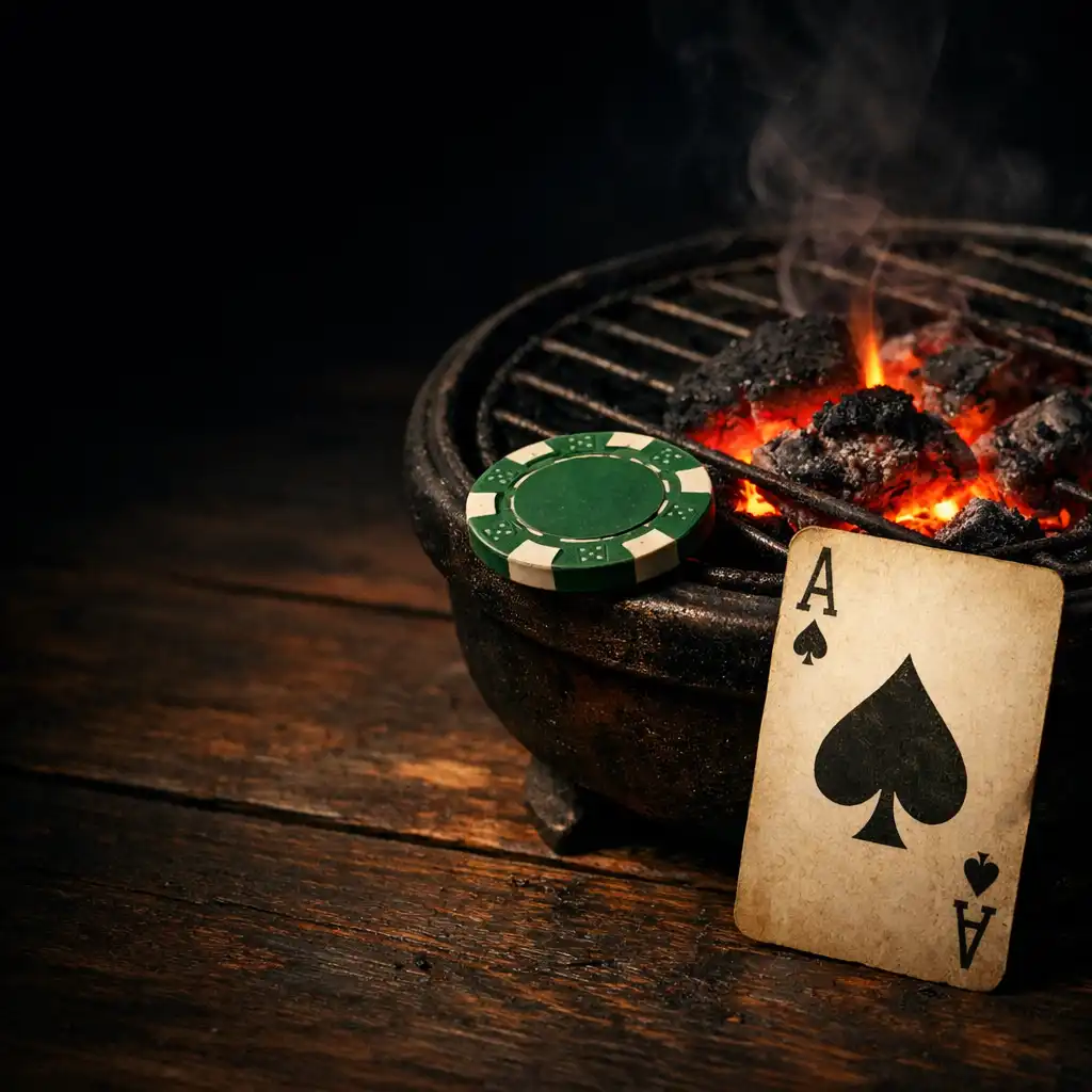 Cast-iron grill with glowing embers and a poker chip resting on the edge