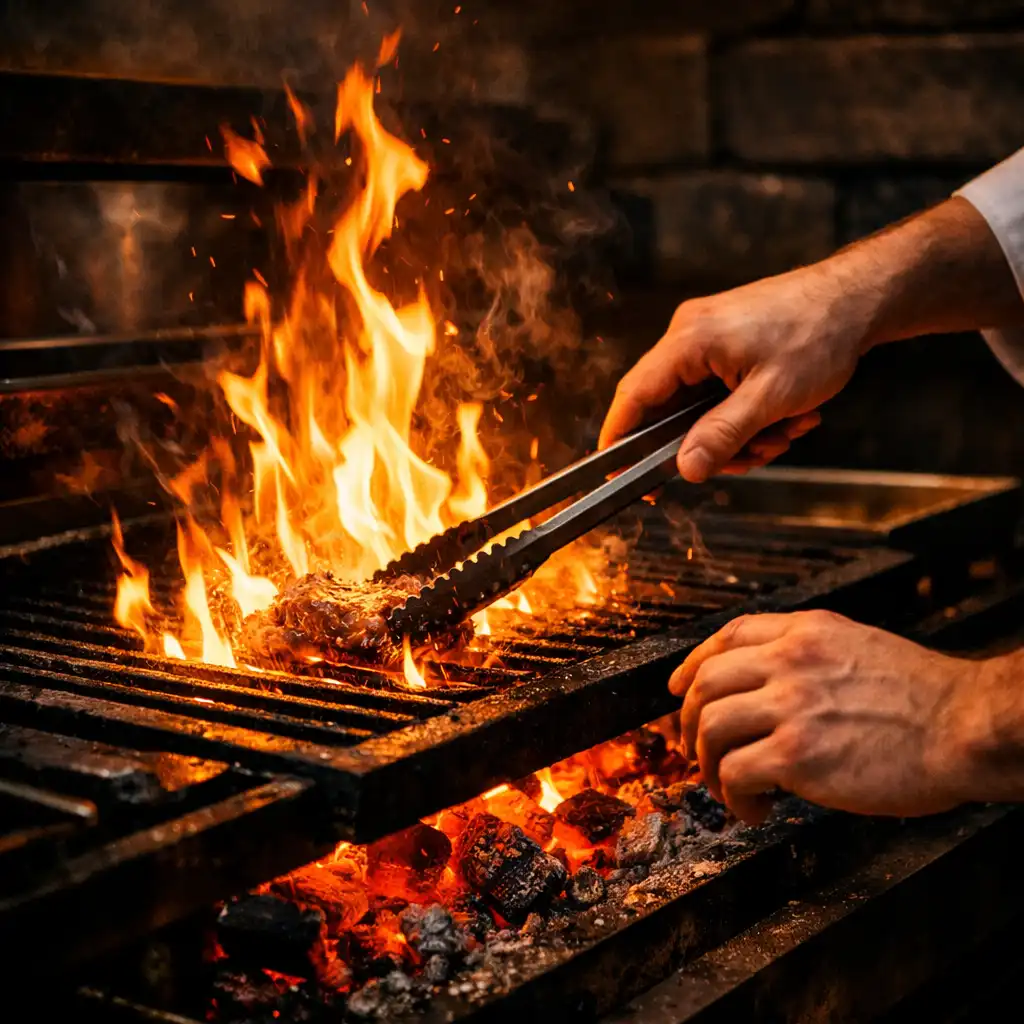 Chef's hands tending a wood-fired grill with flames and glowing embers