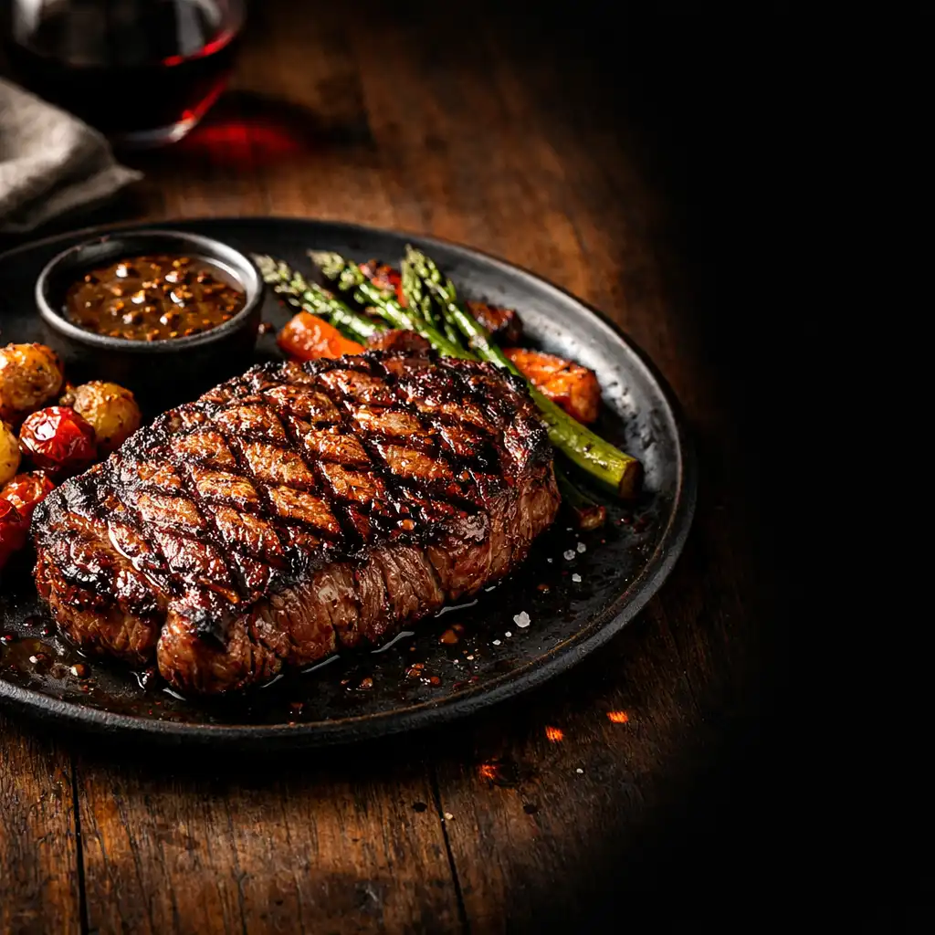 Plated steak with grill marks, roasted vegetables, and a glass of red wine