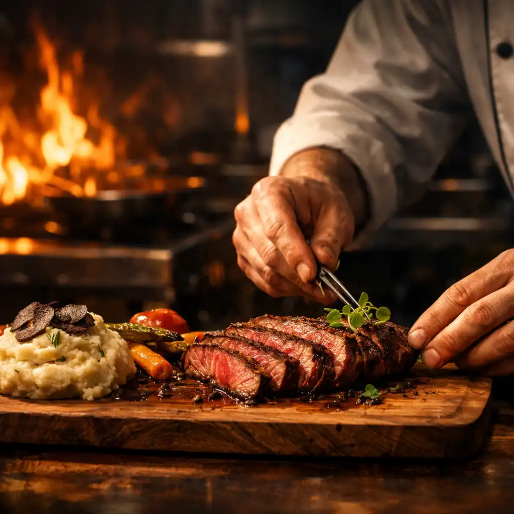 Chef's hands plating a wagyu striploin with truffle mash and grilled vegetables