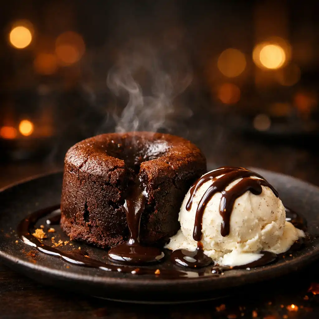 Smoked chocolate fondant with vanilla bean ice cream and chocolate sauce on a dark ceramic plate