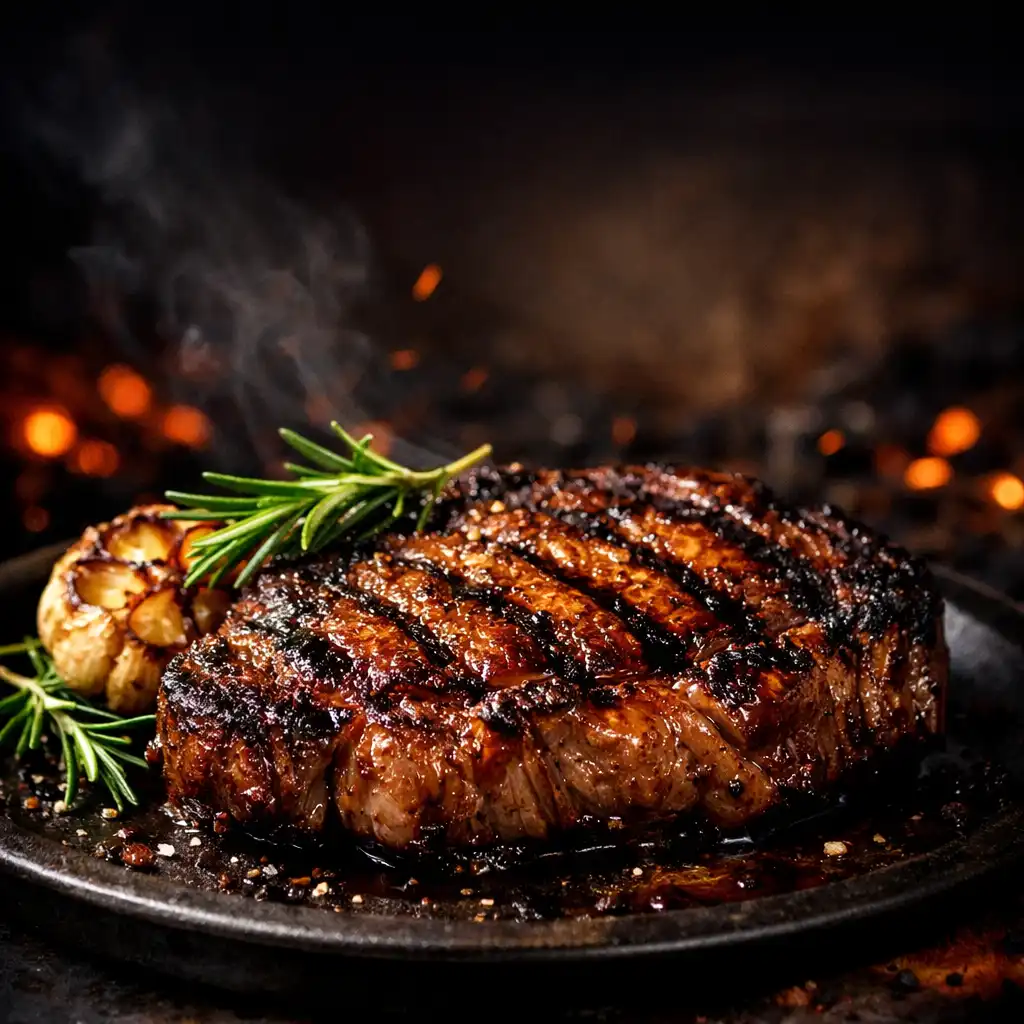 Flame-grilled ribeye steak with char marks on a dark cast-iron plate