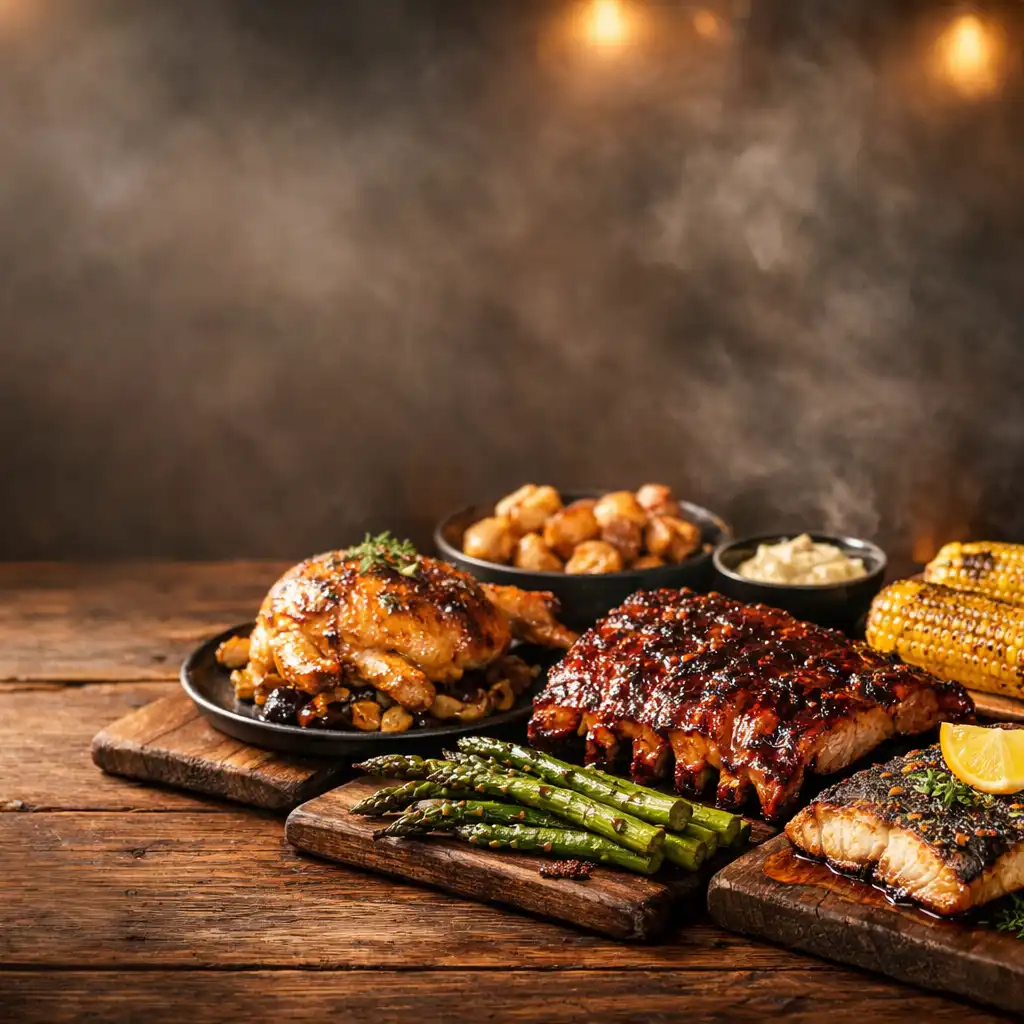 Spread of grilled pork ribs, chicken supreme, barramundi fillet, charred corn, and asparagus on a rustic wooden table