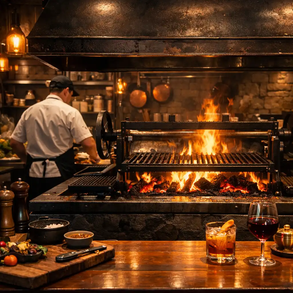 Open kitchen grill room with a large cast iron grill and chef working