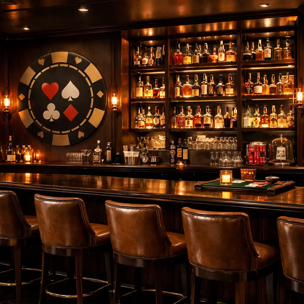 Bar area with dark wood counter and backlit spirits shelves