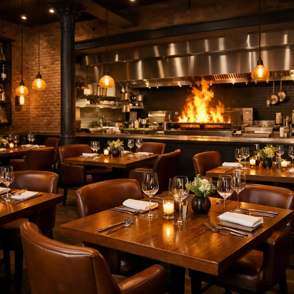 Dining room with exposed brick, timber tables and open kitchen