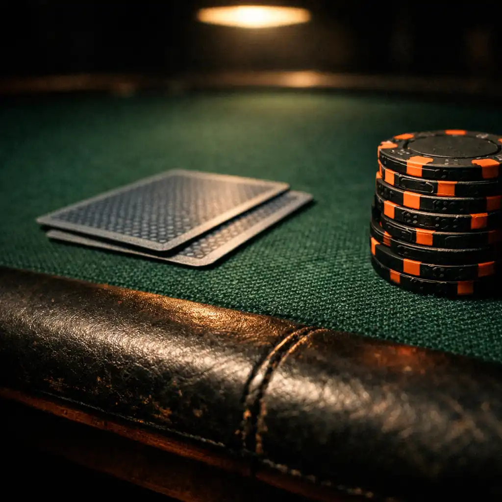 Close-up of a poker table edge with felt texture, face-down cards, and a stack of chips under warm low lighting