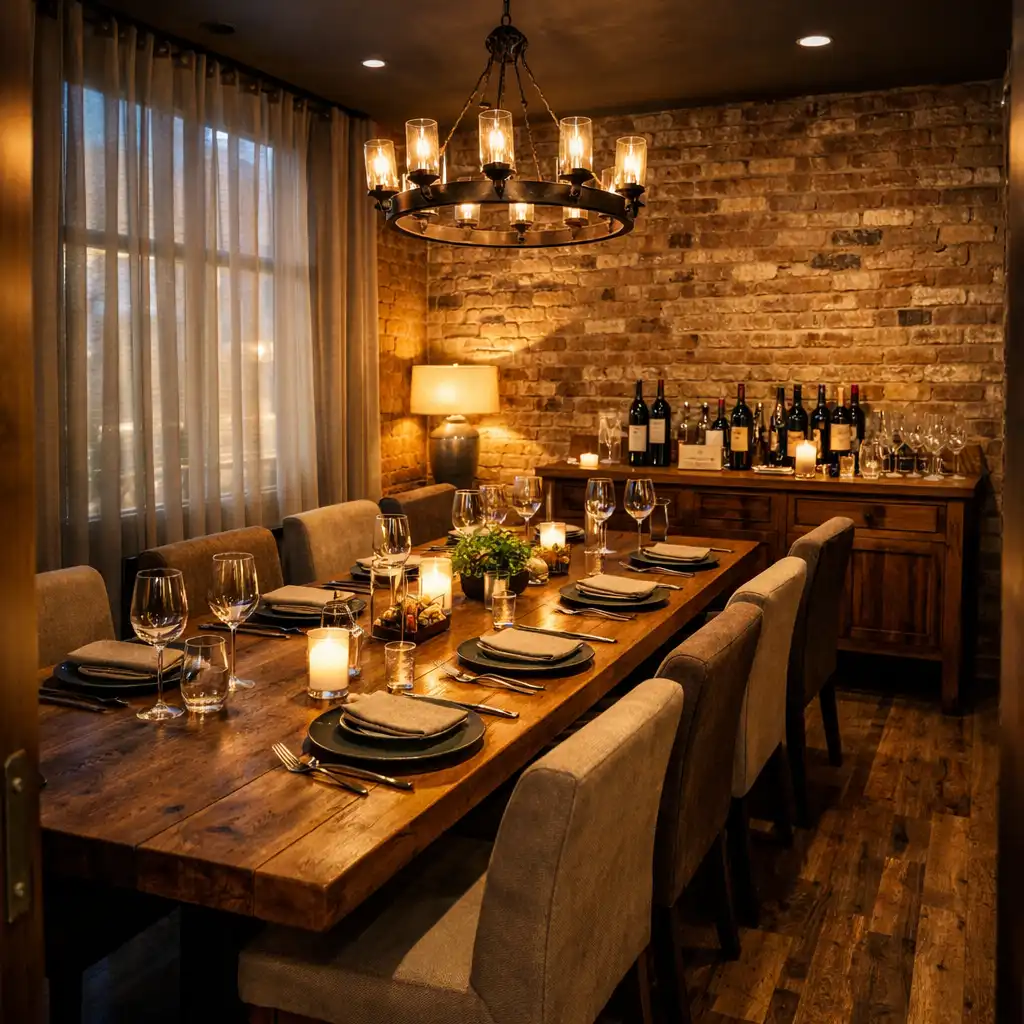 A private dining room with a long wooden table, upholstered chairs, and warm ambient lighting