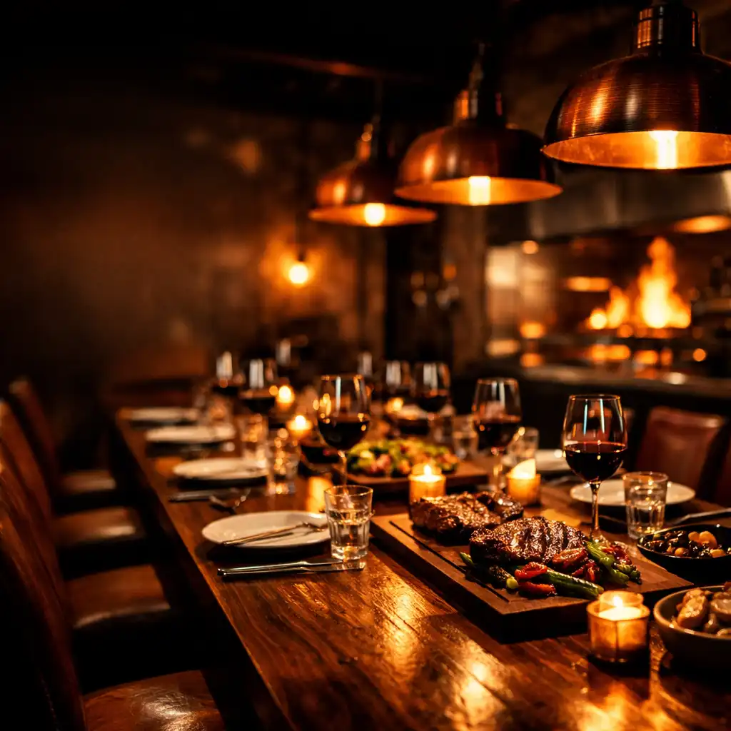 A private dining room at Grillcourse with a long table set for a group dinner and warm ember lighting