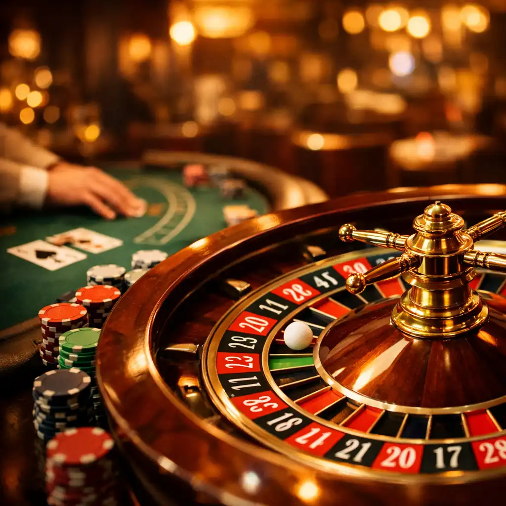 Roulette wheel and blackjack table in a warm, sophisticated restaurant setting