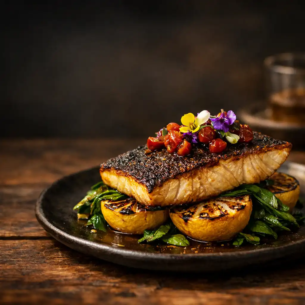 Charred barramundi with native pepper and bush tomato relish