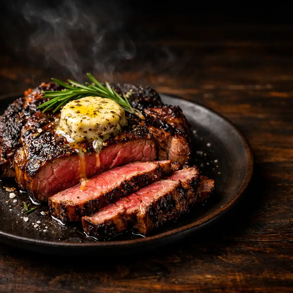 Ember-roasted ribeye with smoked bone marrow butter