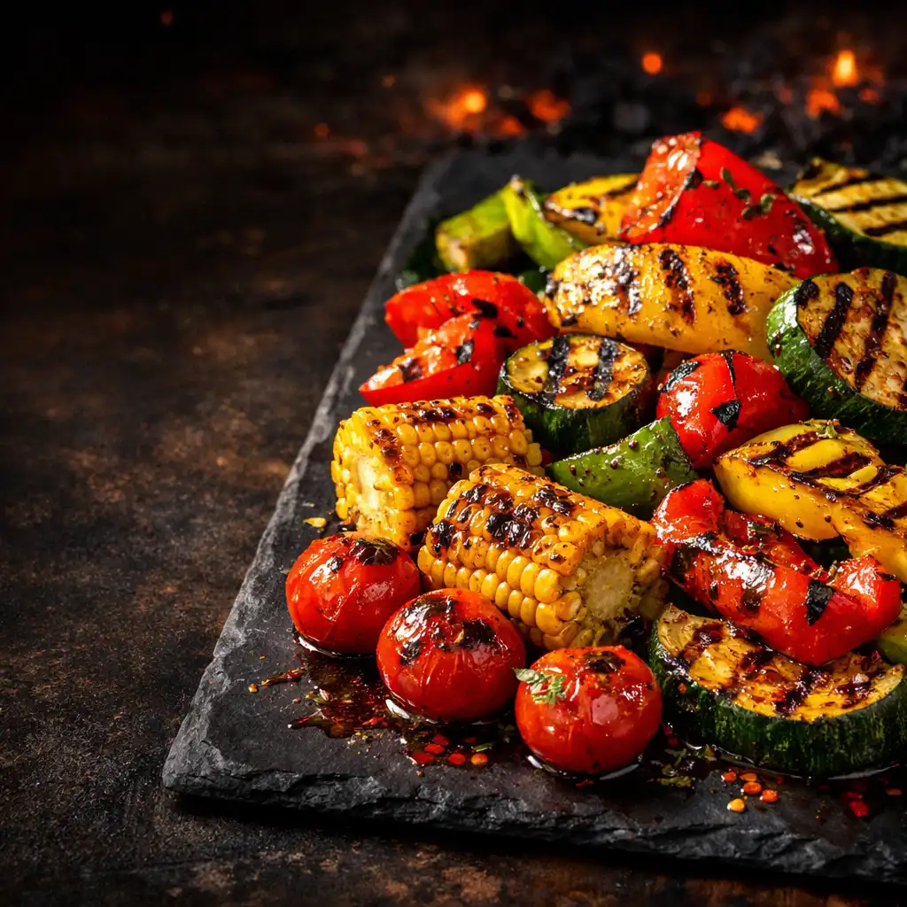 Fire-kissed seasonal vegetables with smoked paprika oil
